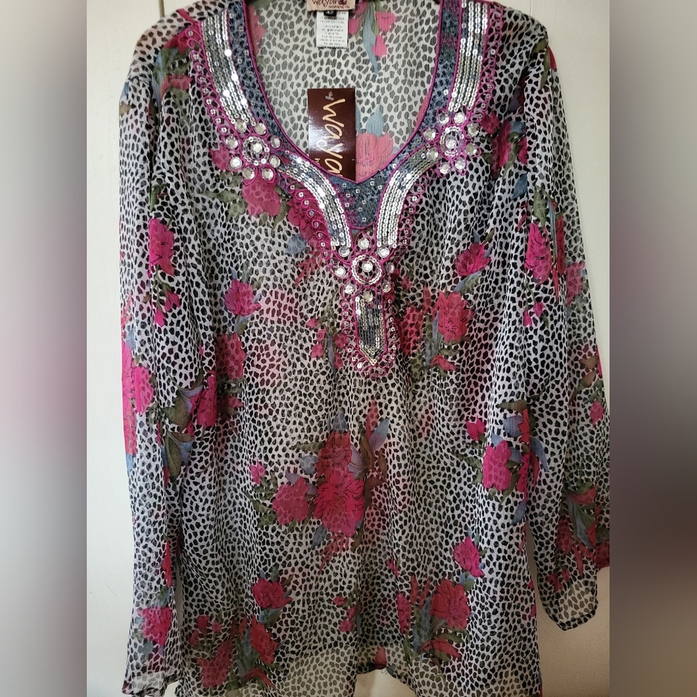 NWT Wayan Sheer Polka Dot Flower Blouse Sz XL/42